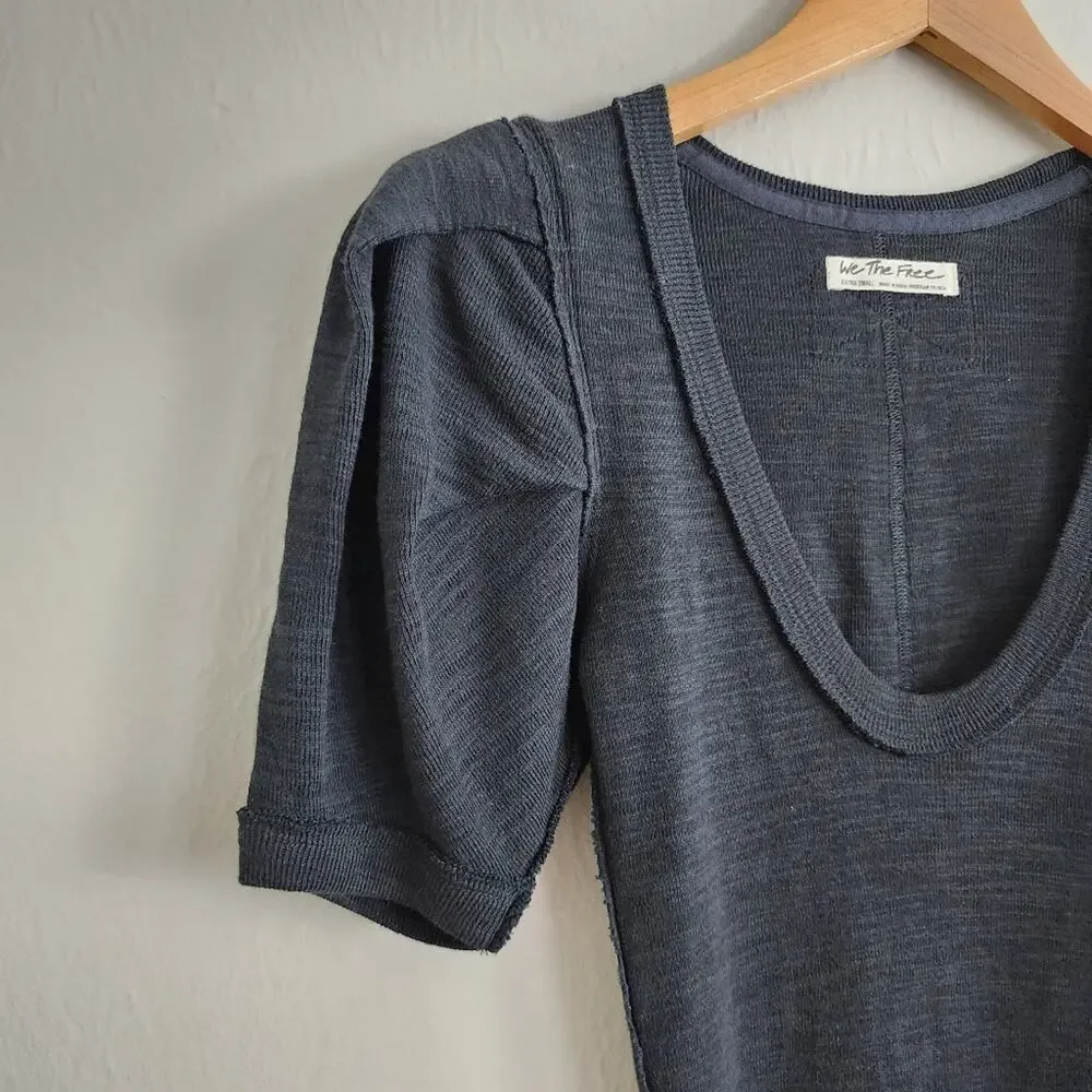 Free People Papaya Puff Sleeve Short Sleeve Knit Top Black NEW Womens XS